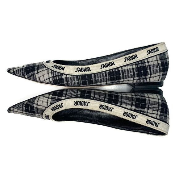 Dior J'Adior Tartan Print Wool Pointed Flats Logo Ribbon Trim EU 39 US 9 Black - Picture 6 of 11